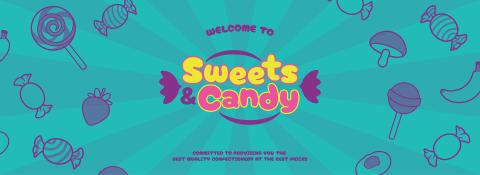 Colorful banner for Sweets shop featuring candies, lollipops, and gummy treats with the text 'Welcome to Sweets & Candy' highlighting the best quality Sweets at the best prices.