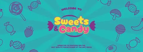 Colorful banner for Sweets shop featuring candies, lollipops, and gummy treats with the text 'Welcome to Sweets & Candy' highlighting the best quality Sweets at the best prices.