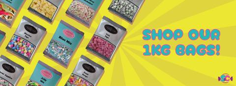 Assorted 1kg bags of Sweets including Sherbet Pips, Jelly Mix, Cola Pips, Sour Apples, Fruit Drops, and more, with colorful packaging and bold text promoting bulk Sweets deals.