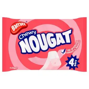 A pack of 4 chewy pink and white nougat bars made by Barratt sweets
