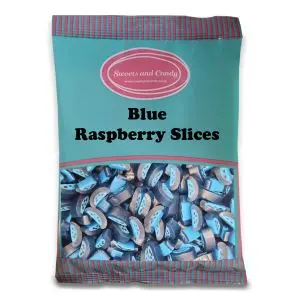 A bulk bag of blue raspberry slices, peelable liquorice sweets