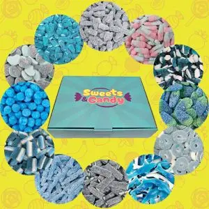 A hamper box filled with a variety of blue pick and mix sweets
