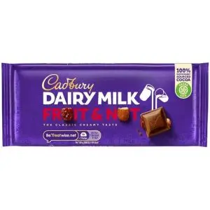 A sharing size Dairy Milk chocolate bar with chopped fruit and nut pieces in.