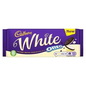 White chocolate with a vanilla flavour filling and biscuit pieces