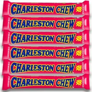 American Sweets - A pack of 6 Charleston Chew Strawberry American candy bars, made from strawberry flavour nougat with a chocolatey coating