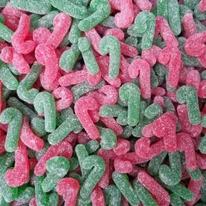 Christmas Sweets - Strawberry flavour gummies sweets shaped like candy canes with a sugar coating