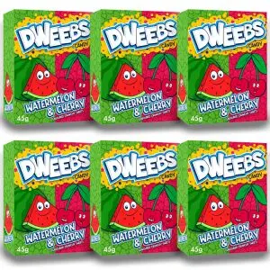 American Sweets - a pack of 6 watermelon and cherry flavour chewy Dweebs American candy