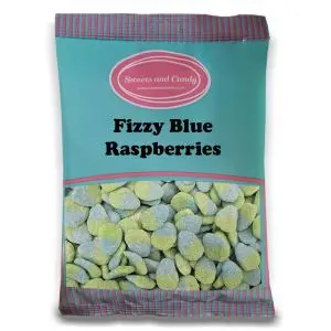A bulk 1kg bag of fizzy blue raspberries, fruit flavour jelly sweets with a fizzy sugar coating
