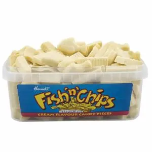 Pick and Mix Sweets - A full tub of fish and chips shaped white chocolate flavour sweets