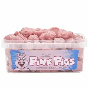 Pick and Mix Sweets - strawberry flavour chocolate pigs in a plastic tub