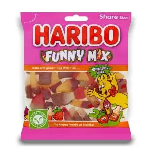 The Haribo Funny Mix is a delicious mix of fruit flavoured gums made with fruit juice! Suitable for vegetarians, this yummy mix comes in a share size bag.
