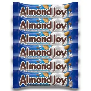 American Sweets - A pack of 6 Hersheys Almond Joy American candy bars consisting of whole almonds and sweetened, shredded coconut covered in milk chocolate