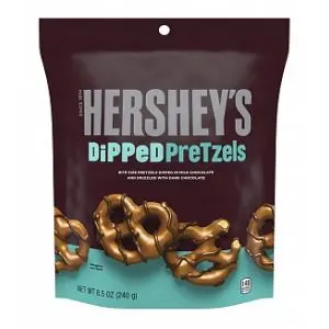 Snyders pretzels dipped in Hershey's milk chocolate, american sweets.