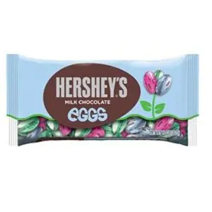 Brightly coloured foil wrapped eggs made from Hershey's milk chocolate