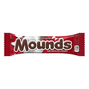 An American Hershey's bar consisting of shredded, sweetened coconut coated in dark chocolate.