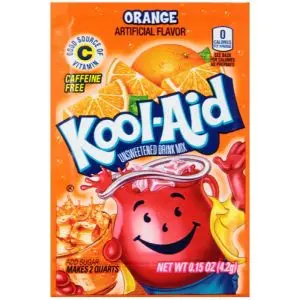 A sachet of Orange Kool Aid, a drink powder imported from America.