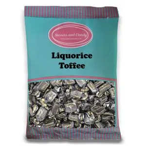A bulk 1kg bag of liquorice toffee, individually wrapped, liquorice flavour toffee sweets