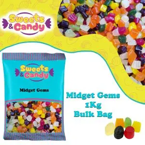 Midget Gems - 1Kg Bulk bag of retro fruit flavour, firm gummy sweets.