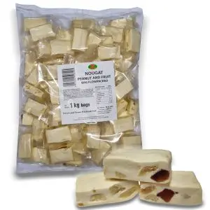A bulk 1 Kilo bag of soft nougat with peanuts and fruit inside