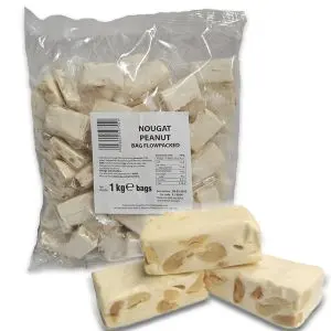 A bulk 1kg bag of traditional soft nougat chunks with peanuts