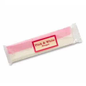 Pink and white nougat bar consisting of half strawberry flavour nougat and half vanilla flavour nougat