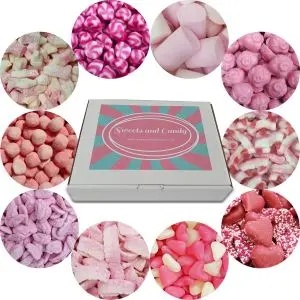 A variety of pink sweets in our Sweets and Candy hamper box.