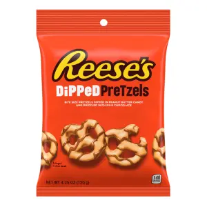 Snyders pretzels dipped in Reese's peanut butter and drizzled with milk chocolate