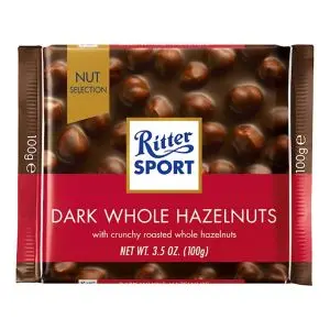Ritter Sport dark chocolate bar with crunchy roasted whole hazelnut