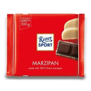 Ritter Sport Marzipan 100g bar - Ritter Sport have combined sweet Californian almonds and covered them with a deliciously rich, dark chocolate. Your favourite childhood cake, now in a chocolatey form.