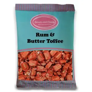 Individually wrapped rum and butter flavour toffees in a bulk 1kg bag