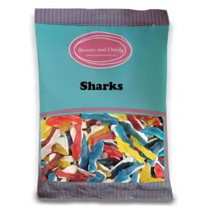 A bulk 1kg bag of Jelly Sharks, multicoloured jelly sweets shaped like sharks