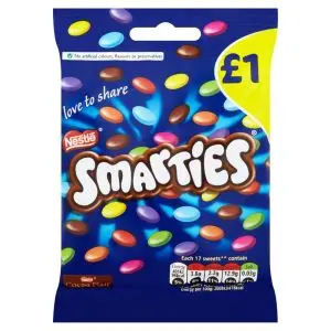 A bag of Smarties, colourful sweets made from milk chocolate with a crispy sugar shell