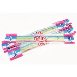 Individually wrapped rainbow coloured fizzy belts