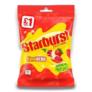 A bag of your favourite juicy red flavours of Starburst  including strawberry, fruit punch, watermelon, and cherry all in one pack.