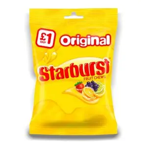 A 141g bag of fruity starburst chewy sweets.