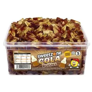 Sweetzone Cola Bottles in a bulk plastic tub