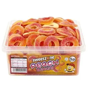 Sweetzone Peach Rings in a bulk plastic tub