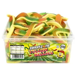Sweetzone yellow bellies sweets in a bulk plastic tub