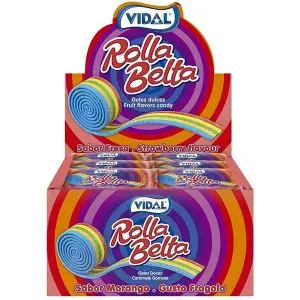 A full case of rolled up fizzy rainbow candy belts