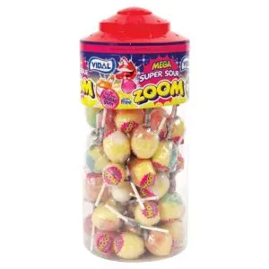 A full jar of 50 super sour flavour lollies with a bubblegum centre