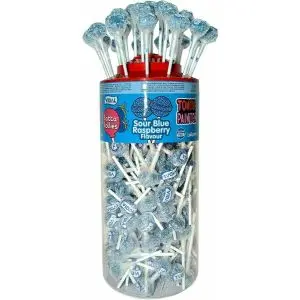 A full jar of 150 Sour Blue Raspberry Lollies that turn your whole mouth blue!