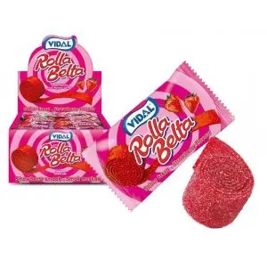 A full case of vidal fizzy strawberry rolled up candy belts