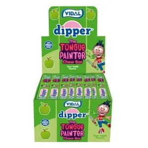 A full box of Vidal dipper chew bars with a sour apple flavour and they paint your mouth green!