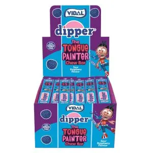 A full box of Vidal Dipper chew bars in a sour blue raspberry flavour and they are tongue painters too!