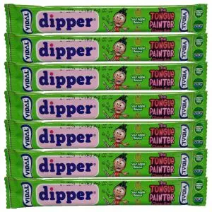 Vidal sour apple dipper chew bars which paint your mouth green!