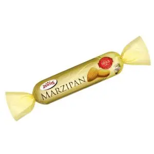A solid bar of traditional marzipan covered in dark chocolate