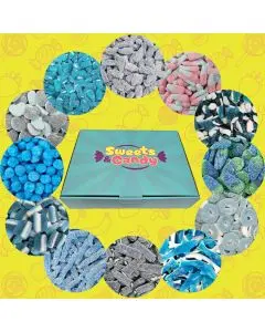 A hamper box filled with a variety of blue pick and mix sweets
