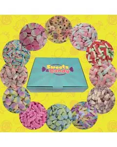 A variety of fizzy pick and mix sweets in our sweets and candy hamper box.