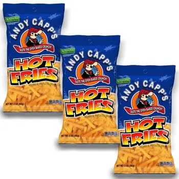 American Sweets - A pack of 3 large 85g bags of Andy Capp's Hot Fries American Crisps.