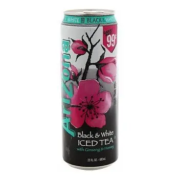A large can of Arizona black and white iced tea drink